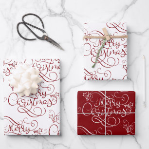 Festive Merry Christmas Fancy Script Red Wrapping Paper Sheet