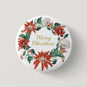 Festive Merry Christmas Floral Poinsettia Wreath 3 Cm Round Badge