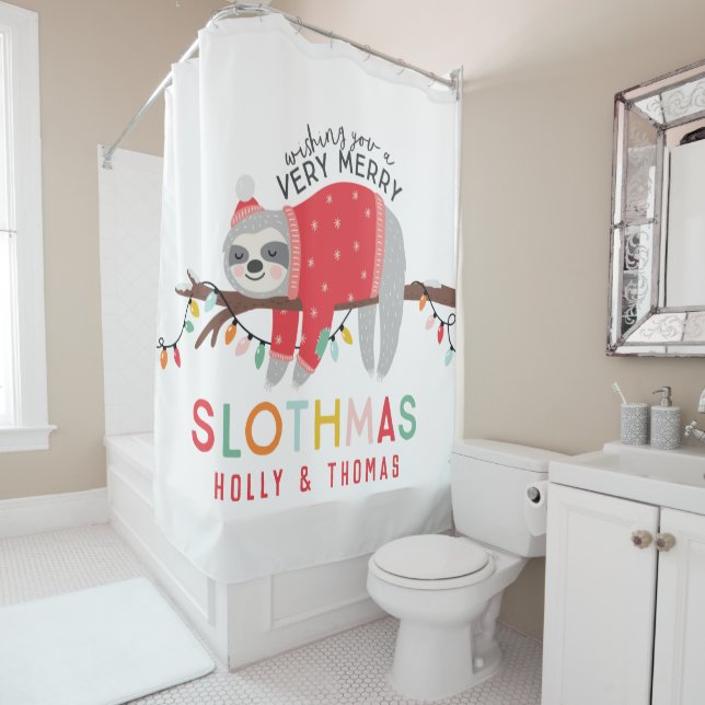 Festive merry christmas fun colourful sloth holida shower curtain (In Situ)