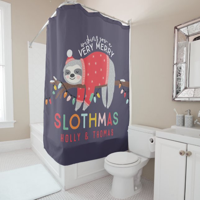 Festive merry christmas fun colourful sloth holida shower curtain (In Situ)