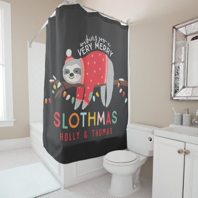 Festive merry christmas fun colourful sloth holida shower curtain (In Situ)