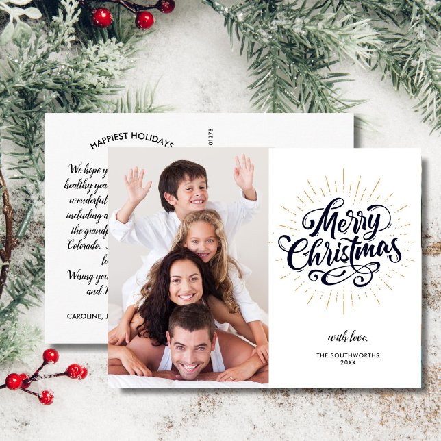 Festive Merry Christmas Gold Starburst One Photo Postcard (Creator Uploaded)