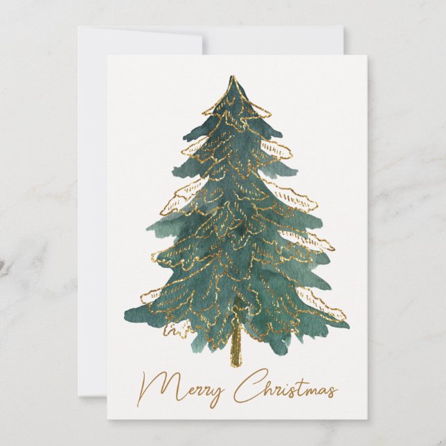 Festive Merry Christmas Golden Green Trees Holiday Card (Front)