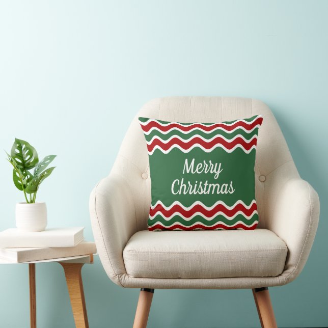 Festive Merry Christmas Green Red Stripes Cushion (Chair)