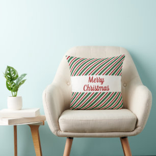 Festive Merry Christmas Green Red Stripes Cushion