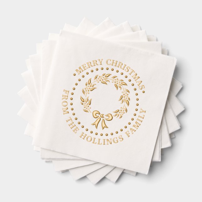 Festive Merry Christmas Greeting Wreath Name Foil Napkins (Insitu (Stacked))