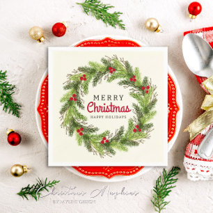Festive Merry Christmas Happy Holidays Holly Berry Napkin