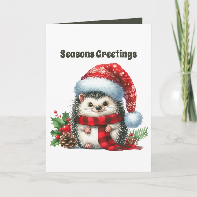 Festive Merry Christmas hedgehog customisable  Holiday Card (Front)