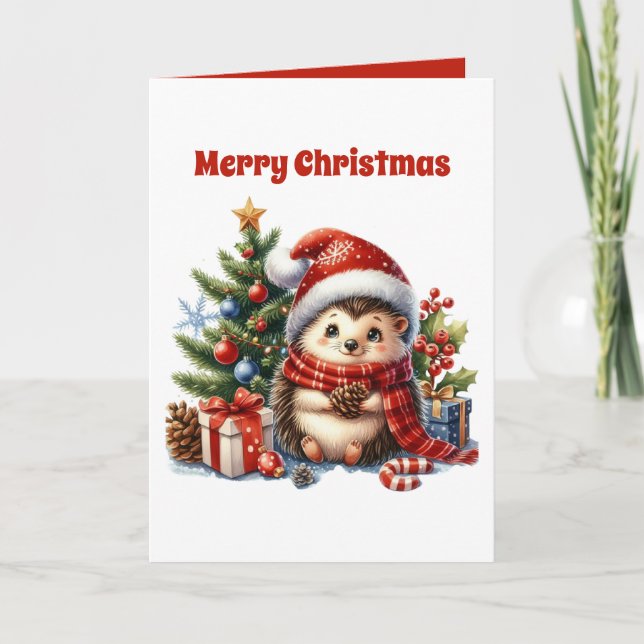 Festive Merry Christmas hedgehog customisable Holiday Card (Front)