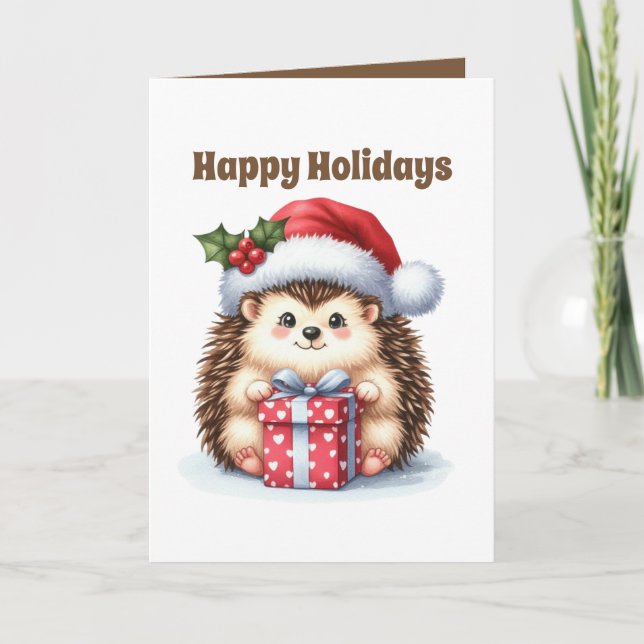 Festive Merry Christmas hedgehog customisable  Holiday Card (Front)
