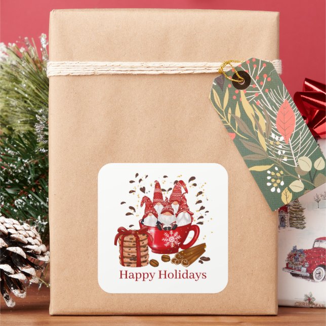 Festive Merry Christmas Holiday gnomes Square Sticker (Holiday)