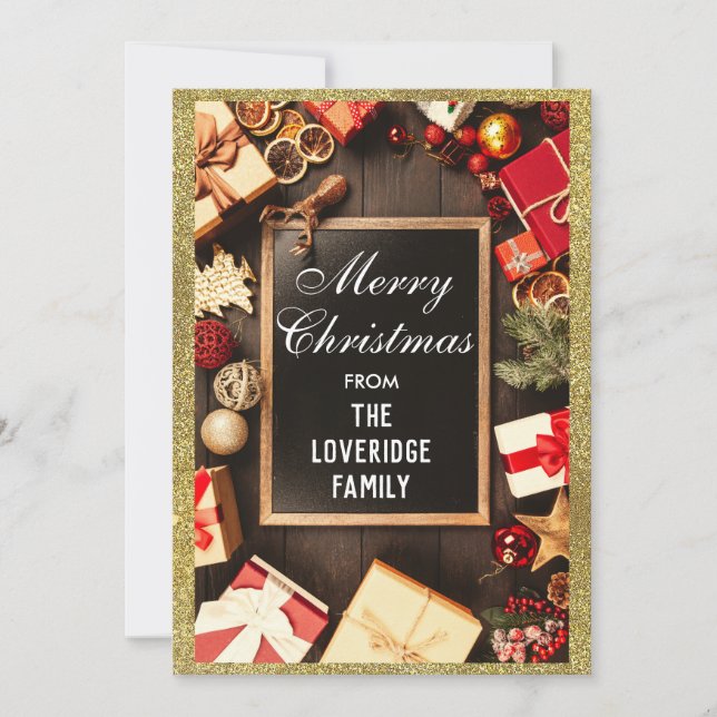Festive Merry Christmas Holiday Party Gold Glitter Card (Front)