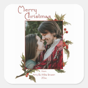 Festive Merry Christmas   Holly   Photo Square Sticker