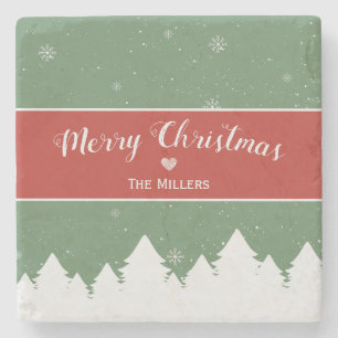 Festive Merry Christmas Last Name Snowflake Stone Coaster