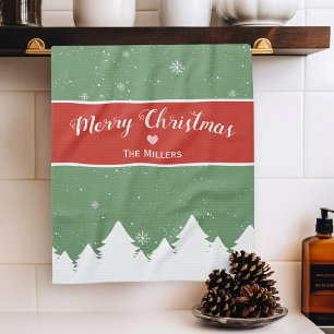Festive Merry Christmas Last Name Snowflake Tea Towel