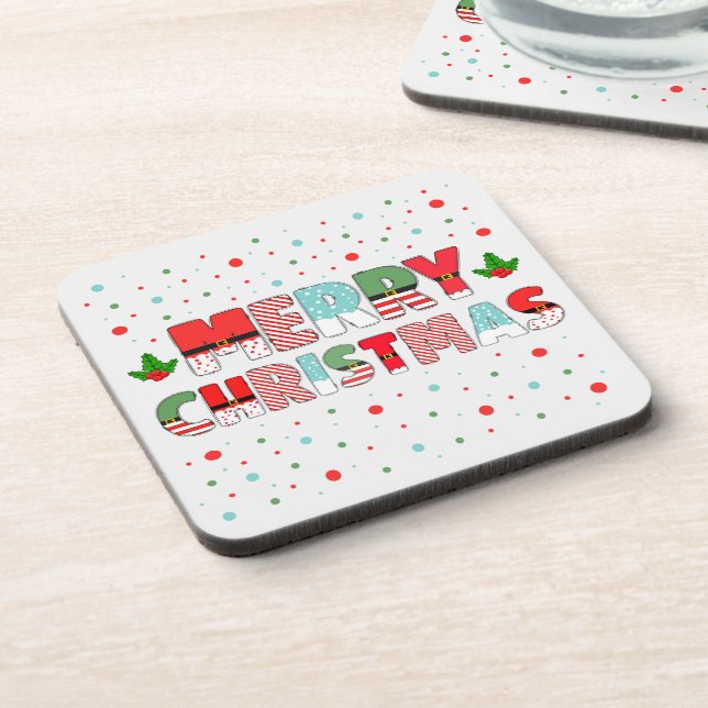 Festive Merry Christmas Letters with Polka Dots Coaster (Left Side)