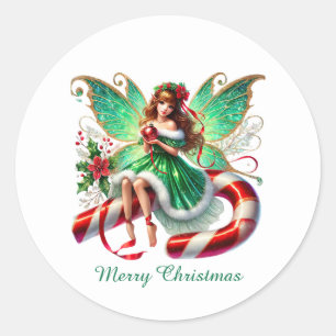 Festive Merry Christmas peppermint fairy Classic Round Sticker
