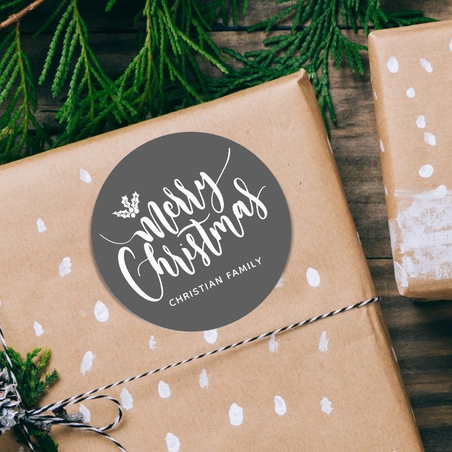 Festive Merry Christmas Personalised Grey Classic Round Sticker (Festive Merry Christmas Personalized Classic Round Sticker)