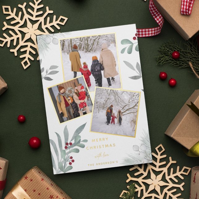 Festive Merry Christmas Photo Collage Foil Holiday Card (Creator Uploaded)