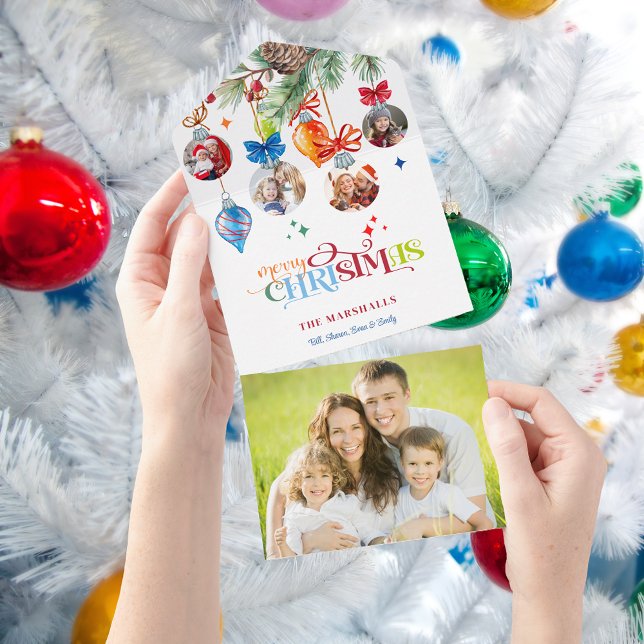 Festive Merry Christmas Pine & Baubles 4 Photo All In One Invitation (Creator Uploaded)