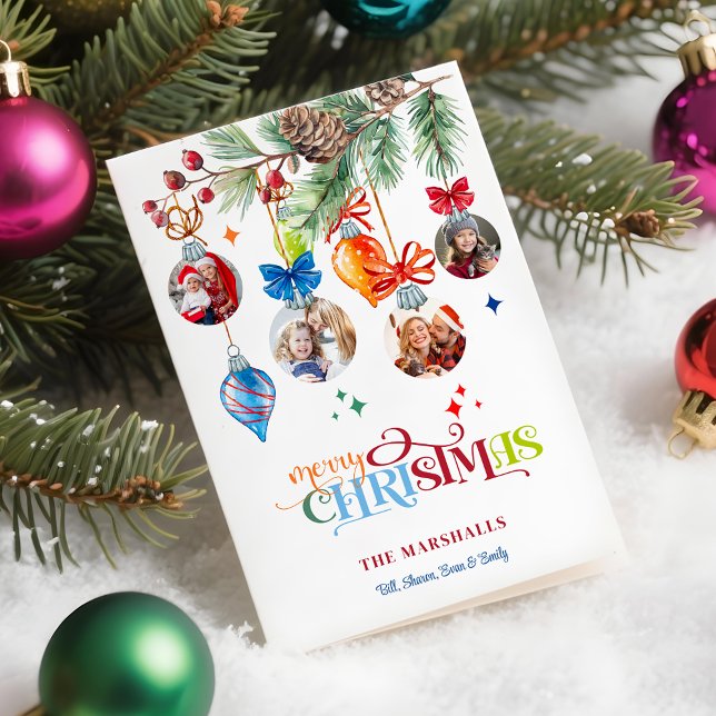 Festive Merry Christmas Pine & Baubles 4 Photo Holiday Card (Creator Uploaded)