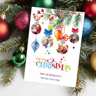 Festive Merry Christmas Pine & Baubles 4 Photo Holiday Card