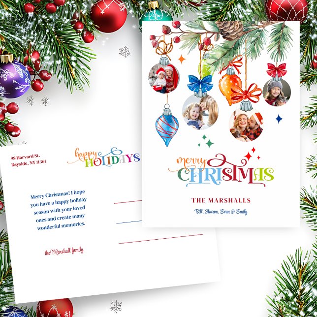 Festive Merry Christmas Pine & Baubles 4 Photo Holiday Postcard (Creator Uploaded)