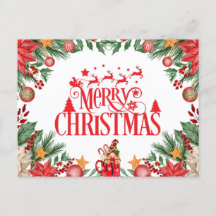 Festive Merry Christmas Poinsettia, Ornaments Holiday Postcard