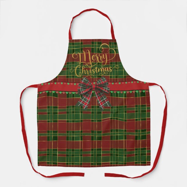 Festive Merry Christmas Red and Green Tartan Apron (Front)