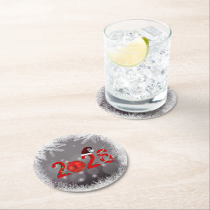 Festive Merry Christmas Red New Year 2026 Round Paper Coaster