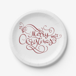 Festive Merry Christmas Red Script Typography Paper Plate