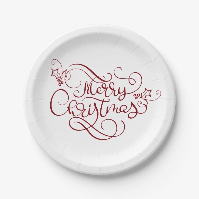 Festive Merry Christmas Red Script Typography Paper Plate (Front)