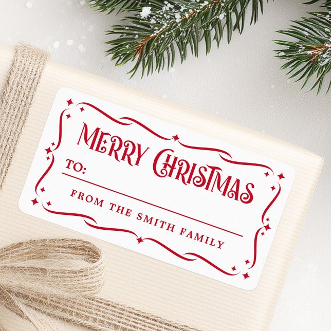 Festive Merry Christmas red white to from gift Label (Festive Merry Christmas red white to from gift Label)