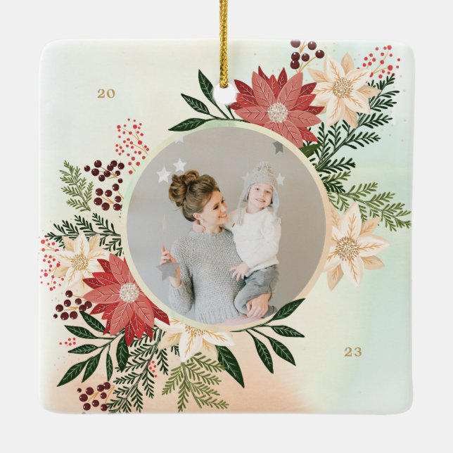 festive merry christmas round photo botanical ceramic ornament (Back)