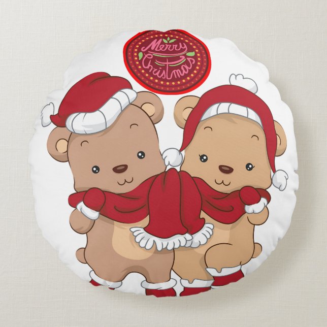 Festive Merry Christmas Round Pillow  (Front)
