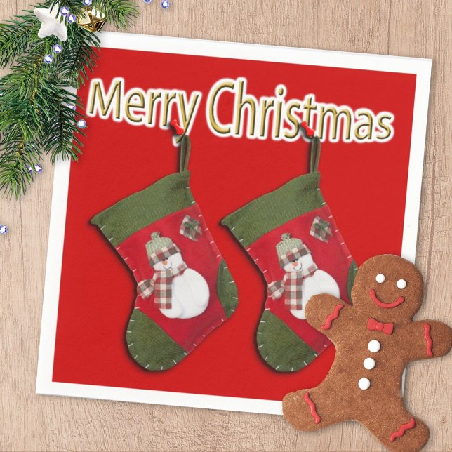 Festive Merry Christmas Snowman Stocking Over Red Napkin (Creator Uploaded)
