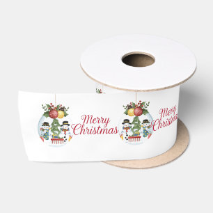 Festive Merry Christmas & Snowmen Bauble Satin Ribbon