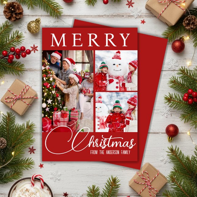 Festive Merry Christmas Three Photo Red And White Holiday Card (Festive Merry Christmas Three Photo Red And White Holiday Card)