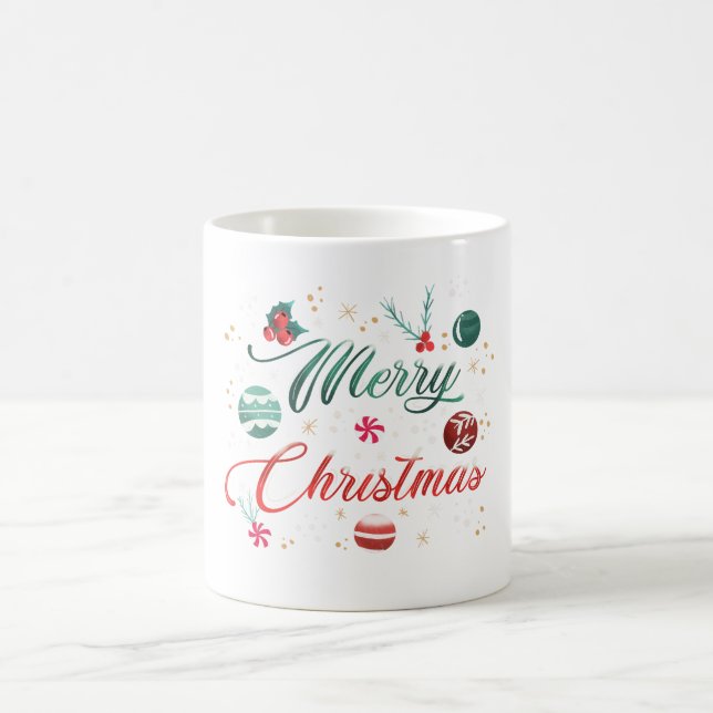 Festive Merry Christmas Typography with Ornaments Coffee Mug (Center)