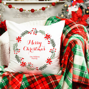 Festive Merry Christmas Wreath Family Design Cushion