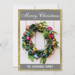 Festive Merry Christmas Wreath Grey & Gold Glitter Holiday Card