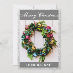 Festive Merry Christmas Wreath Grey Silver Glitter Holiday Card