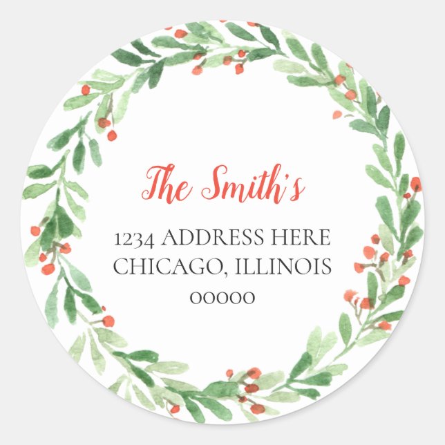 Festive Merry Christmas Wreath Return Address Classic Round Sticker (Front)