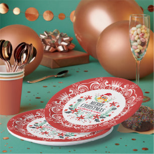 Festive Merry Christmas Wreath & White Crown Frame Paper Plate