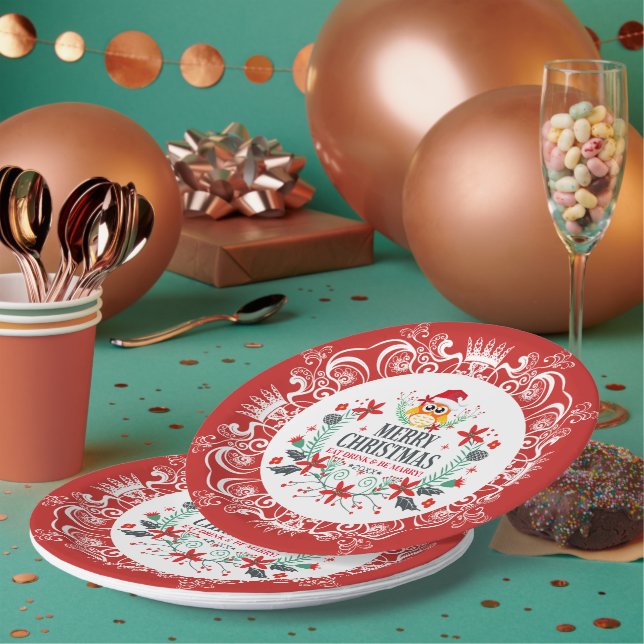 Festive Merry Christmas Wreath & White Crown Frame Paper Plate (Multi)