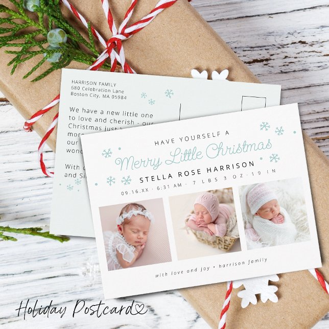 Festive Merry Little Christmas Birth Photos Blue Holiday Postcard (Festive Merry Little Christmas Birth Photos Blue Holiday Postcard)