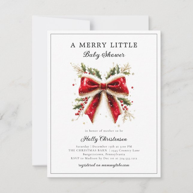 Festive Merry Little Christmas Bow Baby Shower  Invitation (Front)