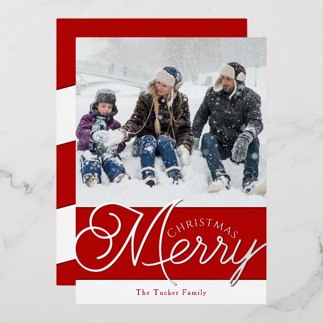 Festive Merry Script Red & Silver Photo Christmas Foil Holiday Card (Front/Back)