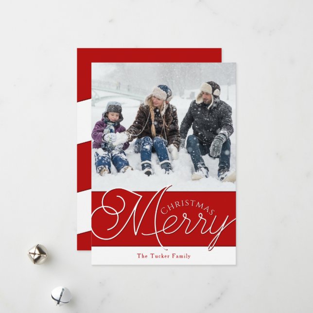 Festive Merry Script Red & White Photo Christmas Holiday Card (Front/Back In Situ)