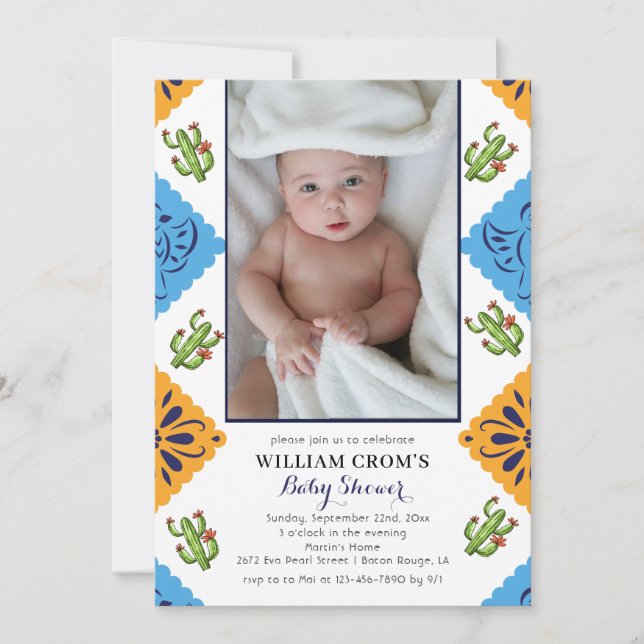 Festive Mexican Paper Fan Cactus Baby Shower Invitation (Front)